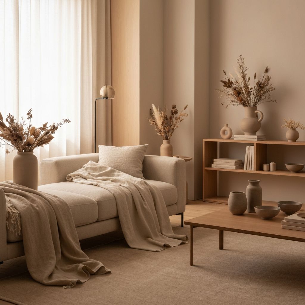 Warm-toned interior with natural linen textiles and botanical arrangements