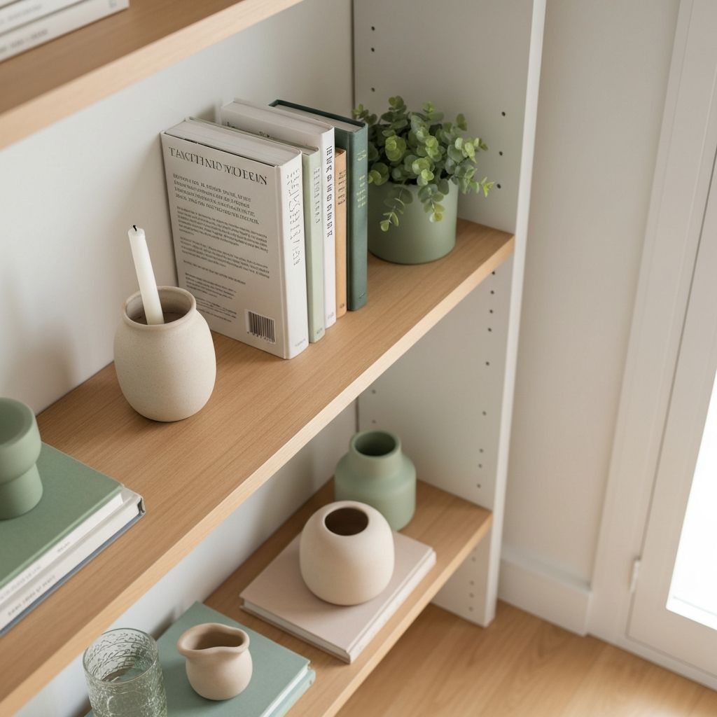 Organized shelf with curated objects, books, and ceramics