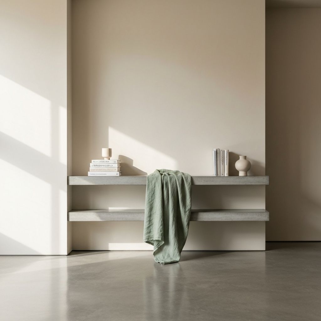 Serene minimalist interior with concrete shelf, books, and sage-green linen