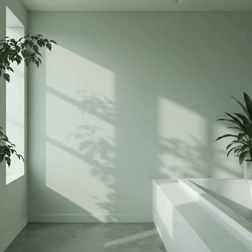 Tranquil bathroom with sage-green light and plant shadows