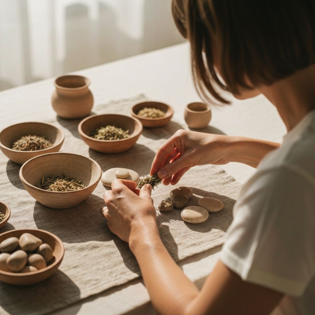 Hands arranging dried herbs and stones in a meditative setting